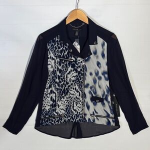 Black Label by Chico’s Navy and White Animal Print Moto Jacket